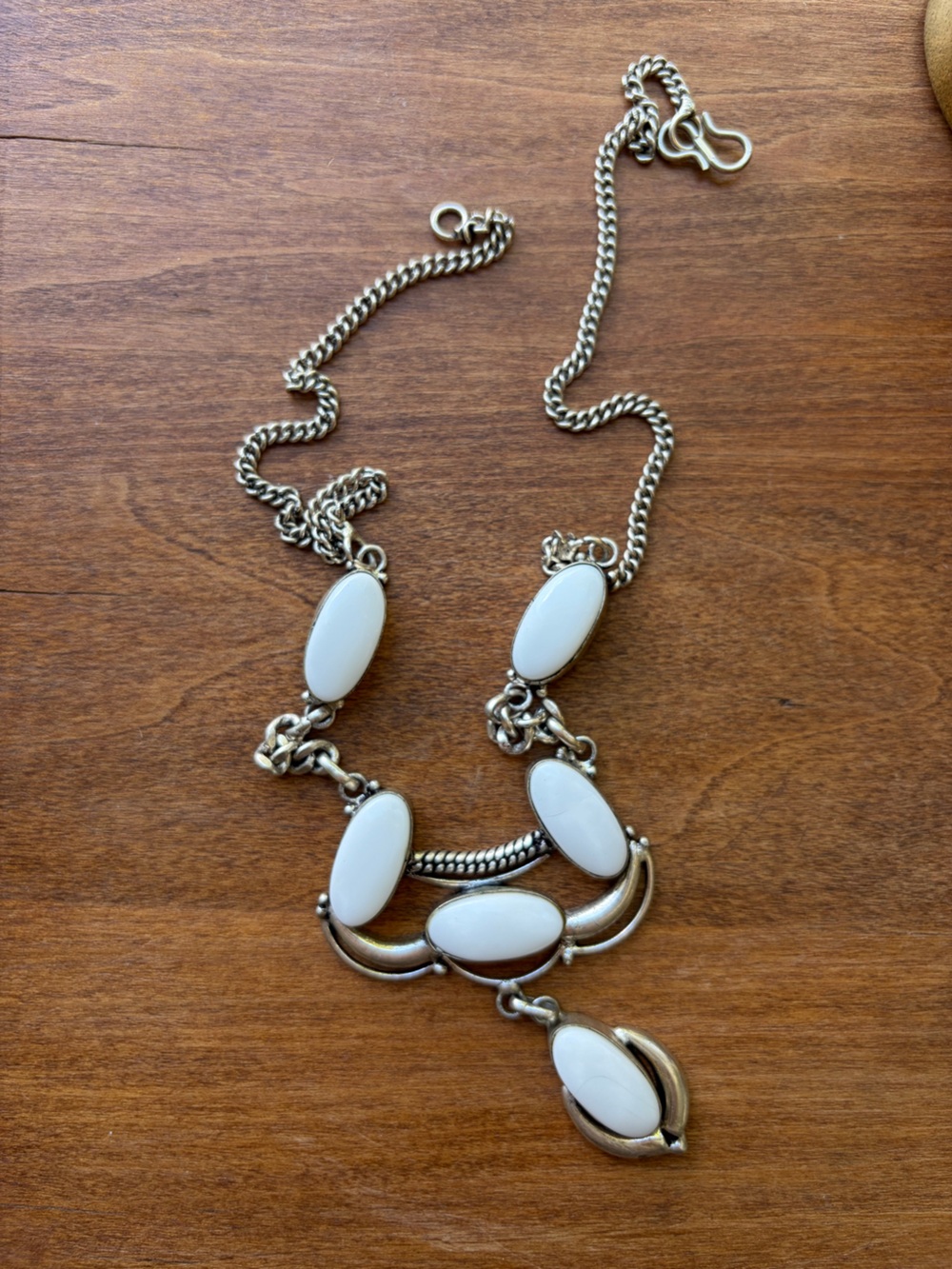 White Oval Stone Silver Statement Necklace